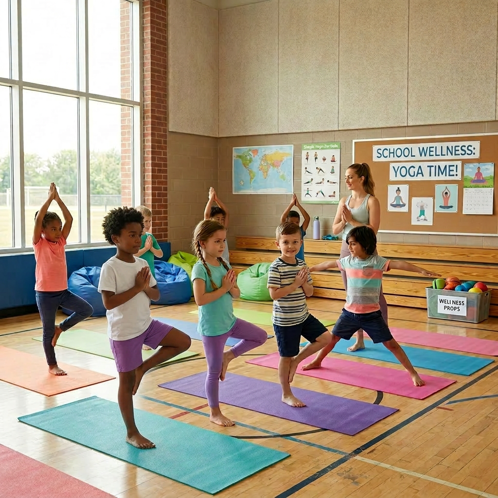 Group of children standing on yoga mats in a classroom practicing yoga with instructor