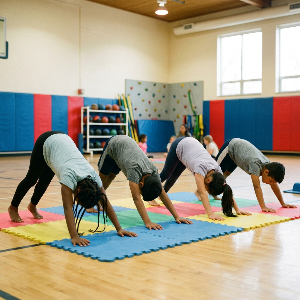 Four children performing downward dog yoga pose on exercise mats in a school gym